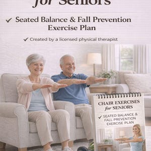 May include: An image promoting chair exercises for seniors. The text "Chair Exercises for Seniors" is displayed. A couple is shown performing exercises. A small sign shows a woman demonstrating an exercise. The text "Seated Balance & Fall Prevention Exercise Plan" is visible.