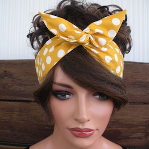 Womens Headband WIRED Dolly Bow Headband Summer Fashion Accessories Women Headscarf in Mustard Yellow Polka dot