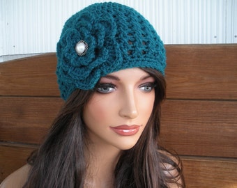 Teal Crochet Cloche Hat with Flower: Winter Fashion Beanie