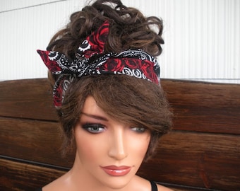 Womens Headband Wired headband Summer Fashion Accessories Women Headscarf Bandana in Black with Paisley Red Roses print