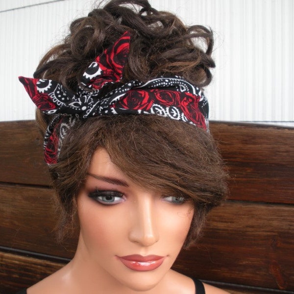 Womens Headband Wired headband Summer Fashion Accessories Women Headscarf Bandana in Black with Paisley Red Roses print