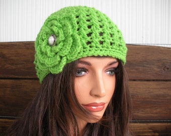 Womens Hat Crochet Hat Winter Fashion Accessories Women Beanie Hat Cloche in Apple green with flower - Choose color