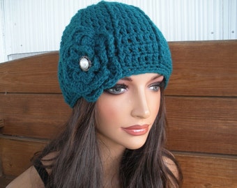 Teal Crochet Cloche Hat with Flower: Women Winter Beanie - Choose color