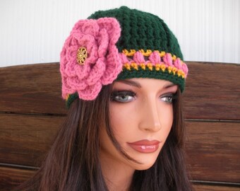 Women Hat Crochet Hat Winter Fashion Accessories Women Beanie Hat Cloche in Hunter green with gold pink stripes and flower