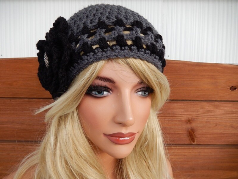 Black Crochet Cloche Hat with Gray Flower Accents Crochet Cloche Hat Black with Gray Flower Scallop Edge  main image 3