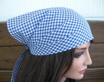 Blue gingham triangle bandana: Summer Headband, Women Headscarf - Choose color