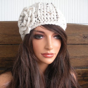 Womens Hat Crochet Hat Winter Fashion Accessories Women Beanie Hat Cloche Oatmeal Tweed with flower by Creationsbyellyn