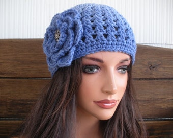 Blue Ombre Crochet Hat: Summer Fashion Accessories Women Beanie Cloche with flower
