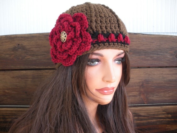 Crochet Cloche Hat: Brown Beanie With Burgundy Flower