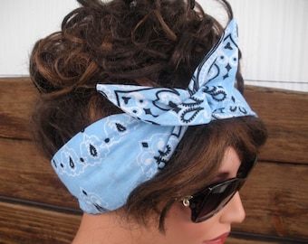 Womens Headband WIRED Dolly Bow Summer Fashion Accessories Women Headscarf Bandana in Light blue paisley - Choose color