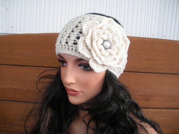 Light Beige WIDE Crochet Headband Winter Women Earwarmer with Large Flower - Choose color