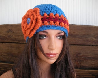 Womens Hat Crochet Hat Winter Fashion Accessories Women Beanie Hat Cloche Blue and Orange Burgundy stripes with Flower