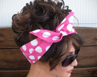 Wired Headband: Pink Polka Dot Dolly Bow Retro Headscarf