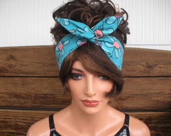 WIRED Headband Dolly Bow Headband Summer Fashion Accessories Women Headscarf Headwrap in Teal with daisy print