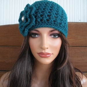 Womens Hat Crochet Hat Winter Fashion Accessories Women Beanie Hat Cloche in Teal with Crochet Flower - Choose color