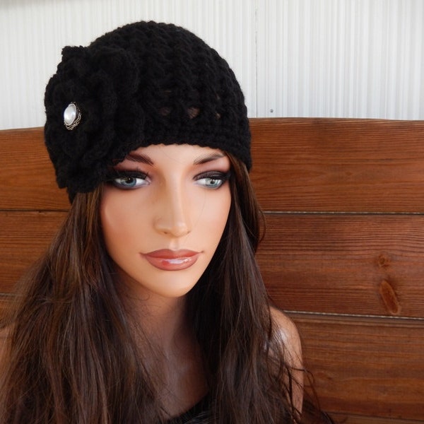 Womens Hat Winter Crochet Hat Winter Fashion Accessories Women Beanie Hat Cloche in Black with Crochet Flower - Choose color