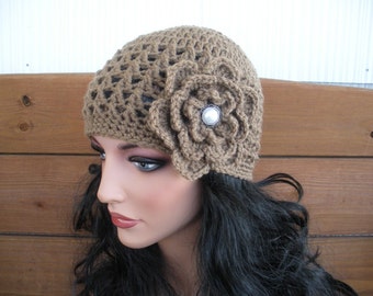 Light Brown Crochet Hat: Winter Fashion Women Beanie with flower - Choose color