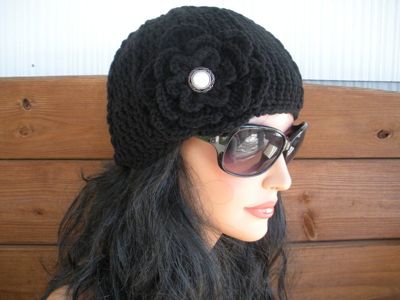 Black Crochet Cloche Hat with Floral Accent Womens Custom 1920s Cloche Hat With Flower, 1920s Cloche Hat  main image 3