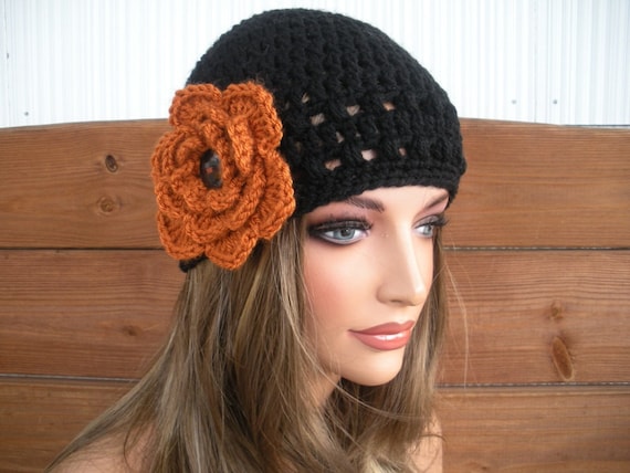 Crochet Cloche Hat: Black Beanie With Burnt Orange Flower - Etsy display picture 3