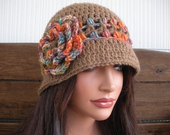 Light Brown Crochet Bucket Hat: Multicolored Stripes Flower Detail