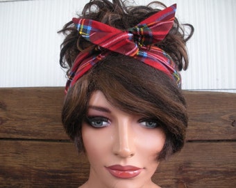 Womens Headband Wired Dolly Bow Summer Fall Fashion Accessories Women Headscarf in Red Plaid Print