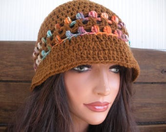 Crochet Bucket Hat: Winter Fashion Women Hat, Brown with multicolored Stripes