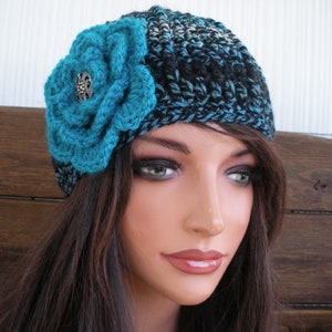 Crochet Hat Womens Hat Winter Fashion Accessories Women Beanie Hat Cloche Multicolored with Blue flower