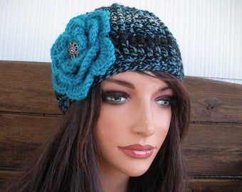 Crochet Cloche Hat: Multicolored Beanie with Blue Flower