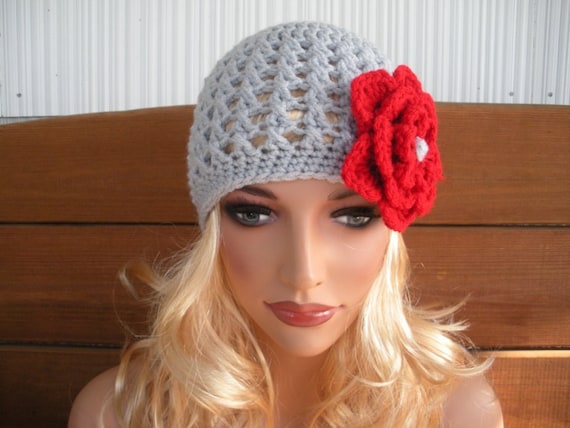 Light Grey Crochet Hat Cloche With Red Cherry Flower - Women  display picture 2