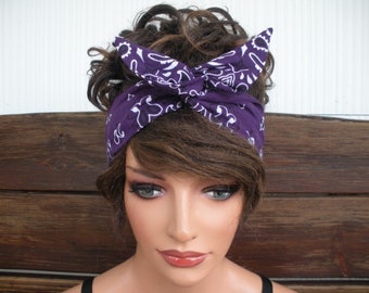 Womens Headband Wired Dolly Bow Summer Fashion Accessories Women Headscarf Dark Purple Paisley Bandana - Choose Color