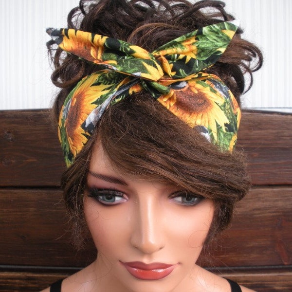 WIRED Headband Dolly Bow Headband Summer Fashion Accessories Women Headscarf with Sunflower and Birds print