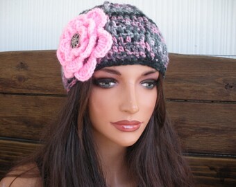 Crochet Cloche Hat: Women Winter Multicolored Beanie with Pink Flower