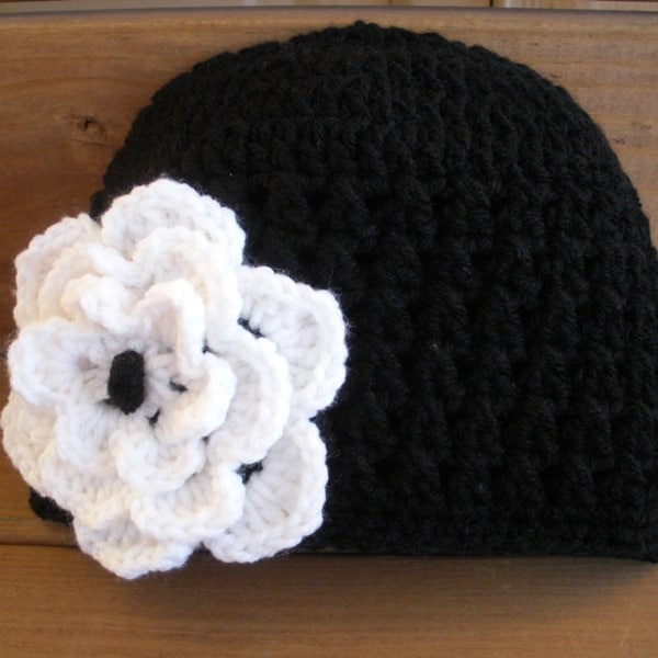 Womens Hat Winter Crochet Hat Winter Fashion Accessories Women Beanie Hat Cloche in Black with White Crochet flower by creationsbyellyn