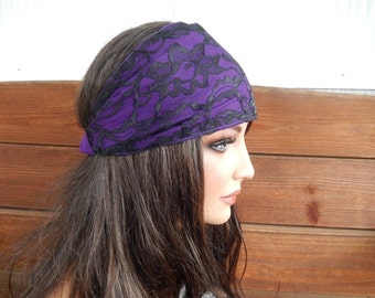 Womens Headband Fabric Headband Summer Fashion Accessories Women Headscarf Yoga Lace Headband in Black Lace on Dark Purple Bandana