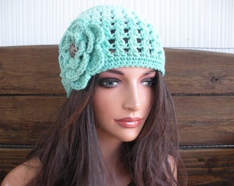 Crochet Summer Hat: Women Fashion Beanie Sea blue Ombre with flower