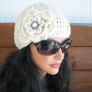 Womens Hat Winter Crochet Hat Winter Fashion Accessories Women Beanie Hat Cloche in Light beige flower - Choose color