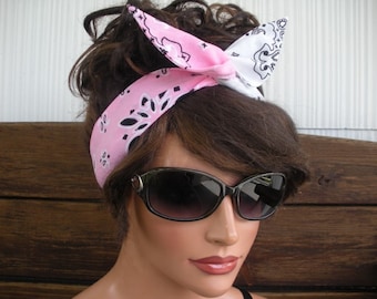 Womens Headband WIRED Dolly Bow Headband Summer Fashion Accessories Women Headscarf Bandana in Pink and White Paisley