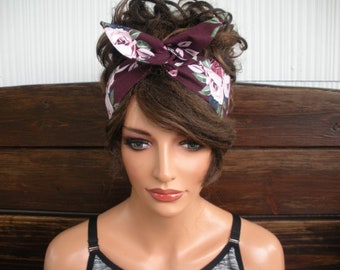 Wired Headband Womens Dolly Bow Headband Fashion Accessories Women Headscarf in Burgundy Pink roses print