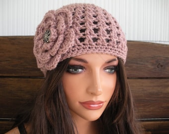 Crochet Cloche Hat: Light Taupe Sparkle Beanie with Flower