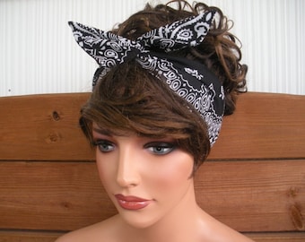 Wired Headband:  Summer Headscarf Black Bandana with Paisley print- Choose color