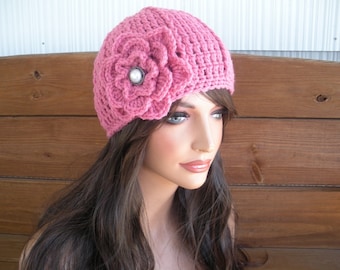 Crochet Hat Cloche Winter Fashion Women Beanie in Rose pink Crochet Flower