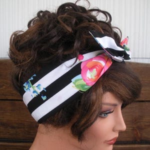 WIRED HEADBAND DOLLY Bow Headband Summer Fashion Accessories Women Headscarf Black and White Stripes Pink Roses print