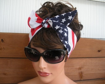 American Flag Headband 4th of July Headband Summer Fashion Accessories Women Dolly bow Tie Up Headscarf by creationsbyellyn