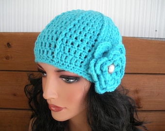 Womens Hat Winter Crochet Hat Winter Fashion Accessories Women Beanie Hat in Aqua Blue with Crochet Flower - Choose color