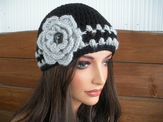 Crochet Beanie Hat: Black & Light Grey Striped Cloche With  display picture 2