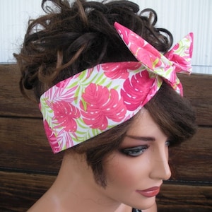 Womens Headband WIRED Dolly Bow Summer Fashion Accessories Women Headscarf Headwrap  in Off white with Pink Tropical print