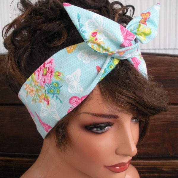 Wired Headband Dolly Bow Headband Summer Fashion Accessories Women Headscarf in Light Aqua blue Butterfly Daisy print