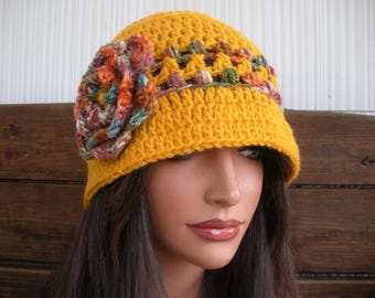 Crochet Bucket Hat: Women Summer Hat Gold with Multicolored Stripes and Flower