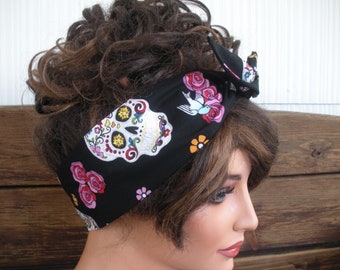 Wired Headband: Black Sugar Skull & Flower Dolly Bow