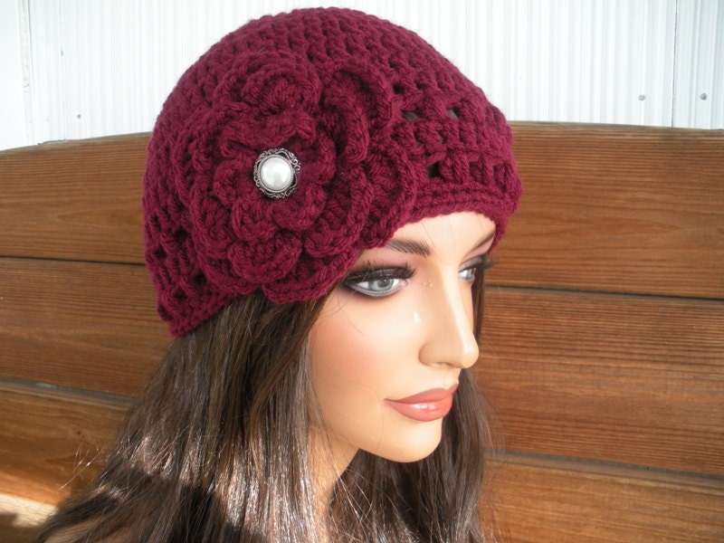 Crochet Beanie With Flower - Women Winter Hat in Claret - Choose Color ...